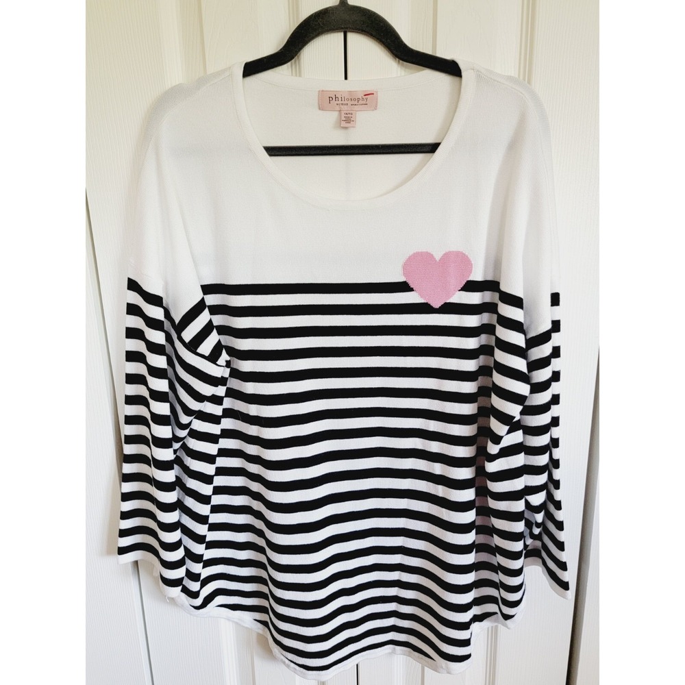 Philosophy 1X Women's‎ Black White Pink Striped Sweater Heart NWOT